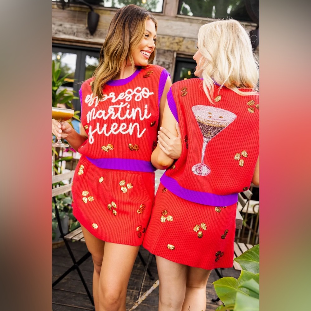 NWOT Queen of Sparkles - RED ESPRESSO MARTINI QUEEN SWEATER VEST AND SKIRT SET